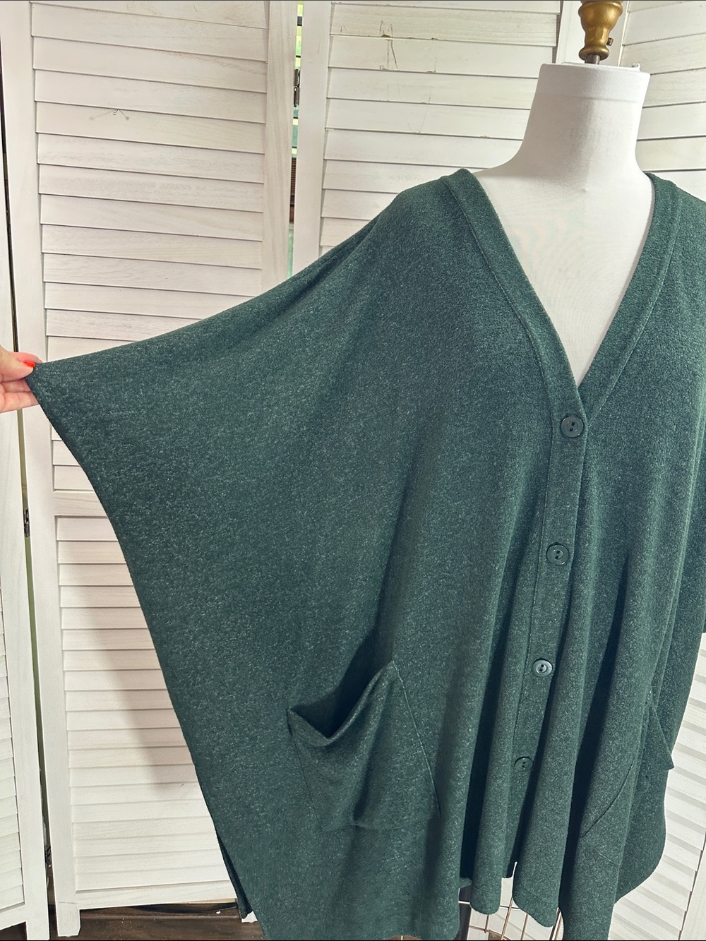 Susan Graver Lifestyle 3X Green Oversized Batwing Cardigan Button Front Pockets - Picture 6 of 13